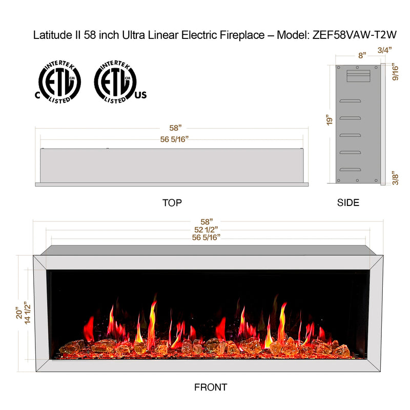 Gloria II 58" Smart Wall Mount Electric Fireplace with Reflective Fire Glass (White)