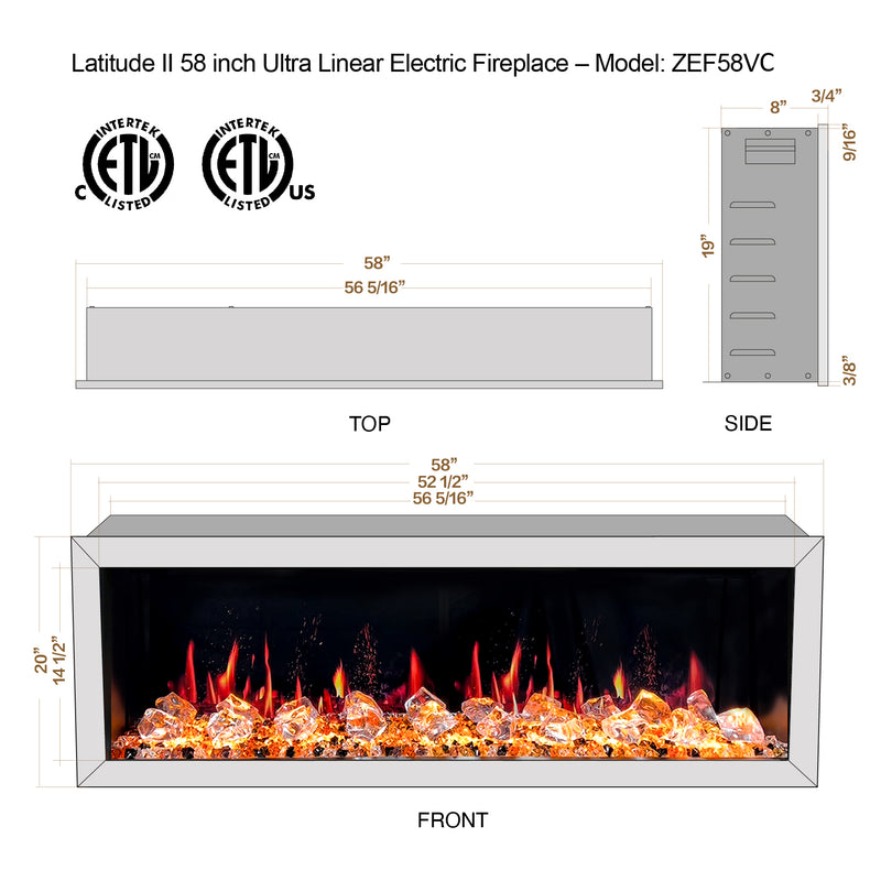 Latitude II 58-in Smart Wall Mount Electric Fireplace + Crushed Ice Rocks