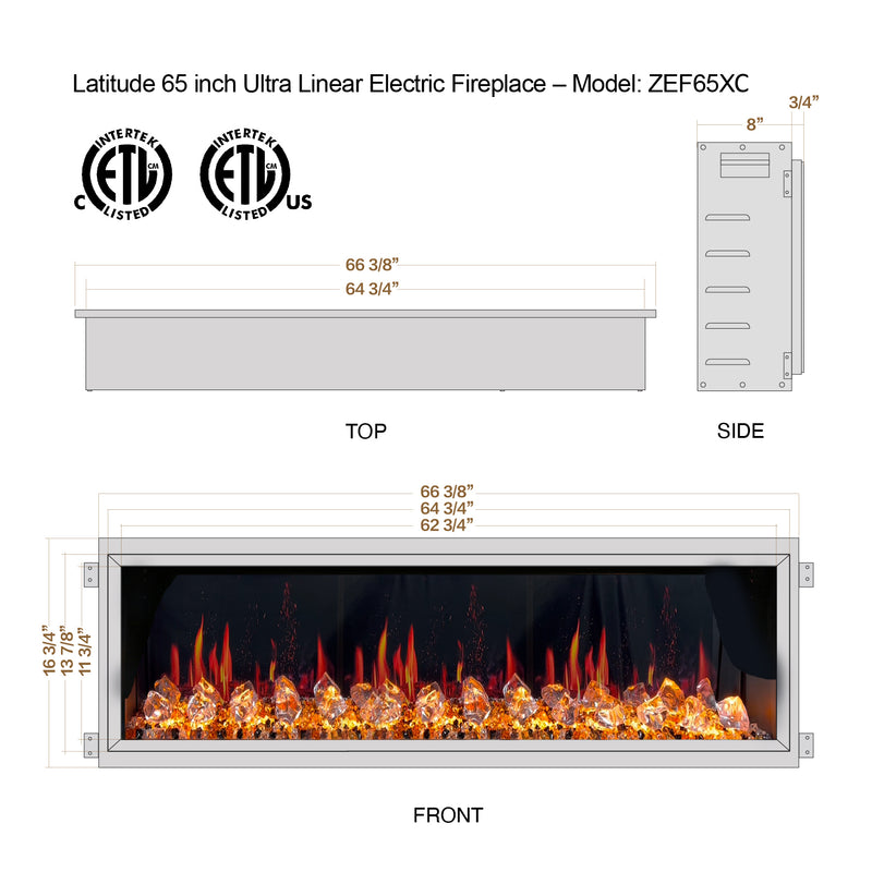 Latitude 65" Ultra Slim Built-in Electric Fireplace + Crushed Ice Rocks