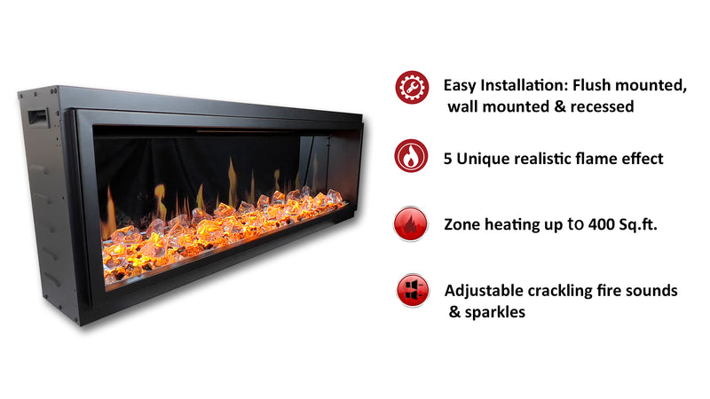 Latitude 65" Ultra Slim Built-in Electric Fireplace + Crushed Ice Rocks