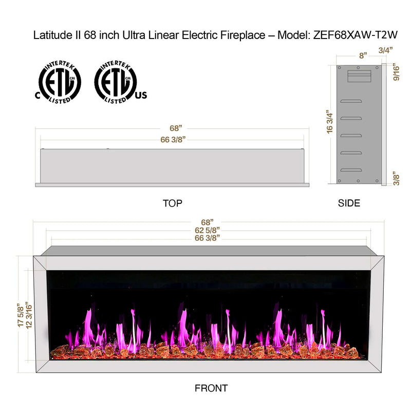 Gloria II 68" Smart Wall Mount Electric Fireplace with Reflective Fire Glass (White)