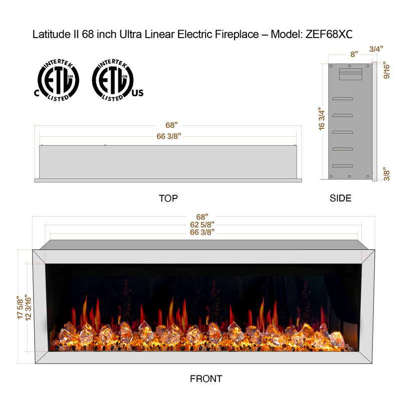 Latitude II 68-in Smart Wall Mount Electric Fireplace + Crushed Ice Rocks