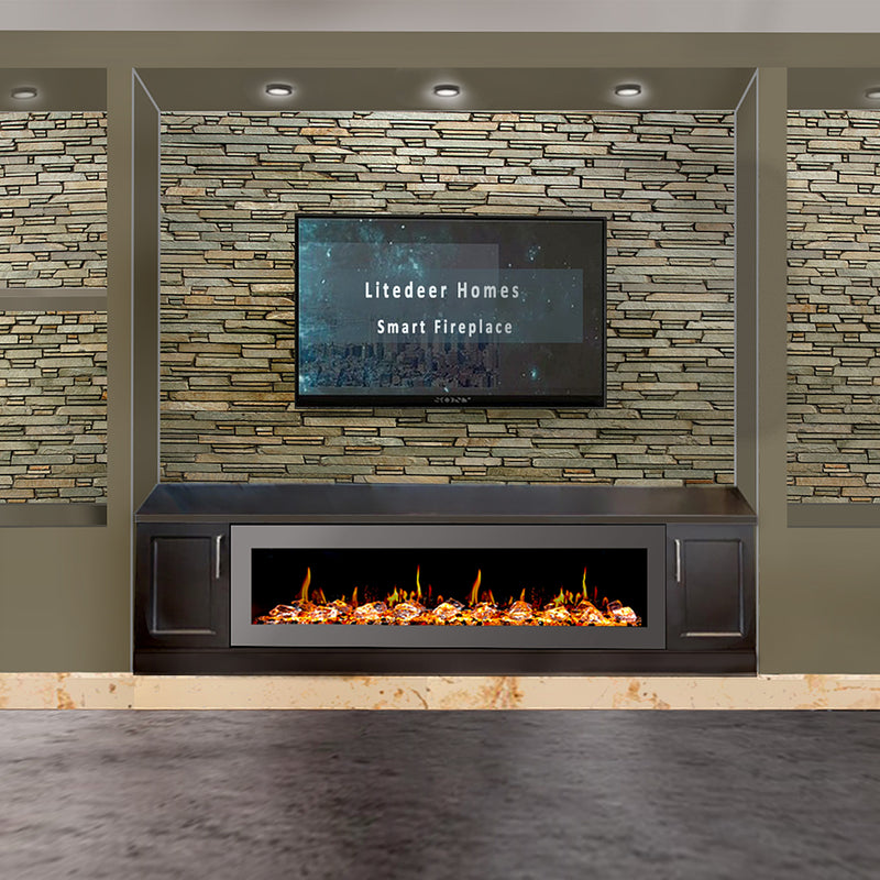 Latitude II 68-in Smart Wall Mount Electric Fireplace + Crushed Ice Rocks