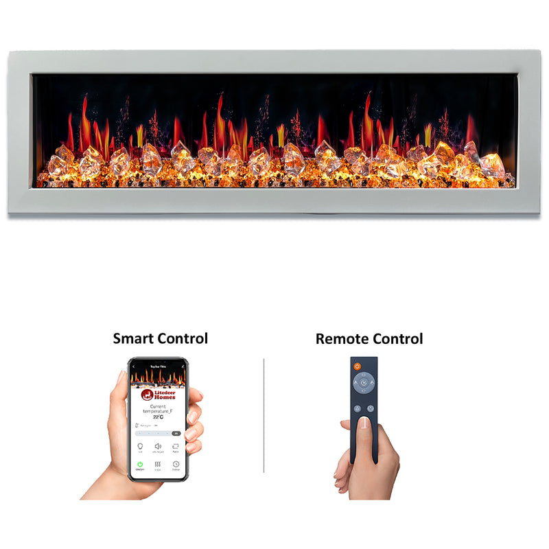 Gloria II 68" Seamless Push-in Electric Fireplace with Crushed Ice Rocks (White)
