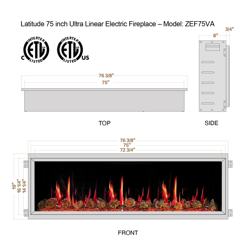 Latitude 75" Built-in Linear Electric Fireplace + Reflective Fire Glass
