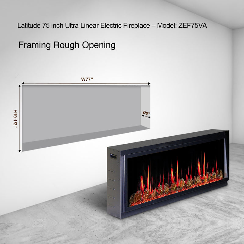 Latitude 75" Built-in Linear Electric Fireplace + Reflective Fire Glass