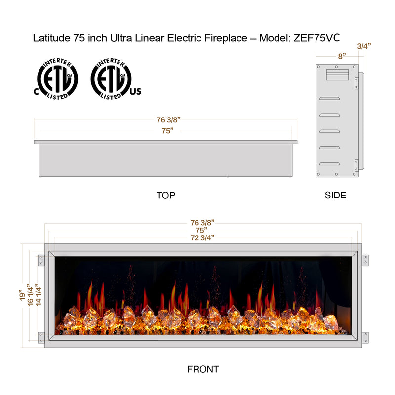 Latitude 75" Built-in Linear Electric Fireplace + Crushed Ice Rocks