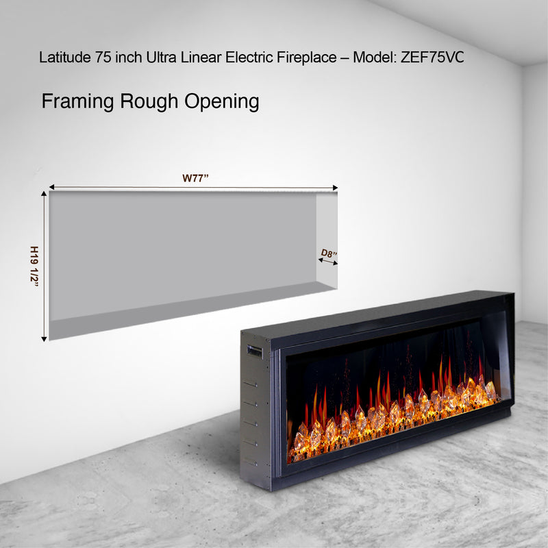 Latitude 75" Built-in Linear Electric Fireplace + Crushed Ice Rocks