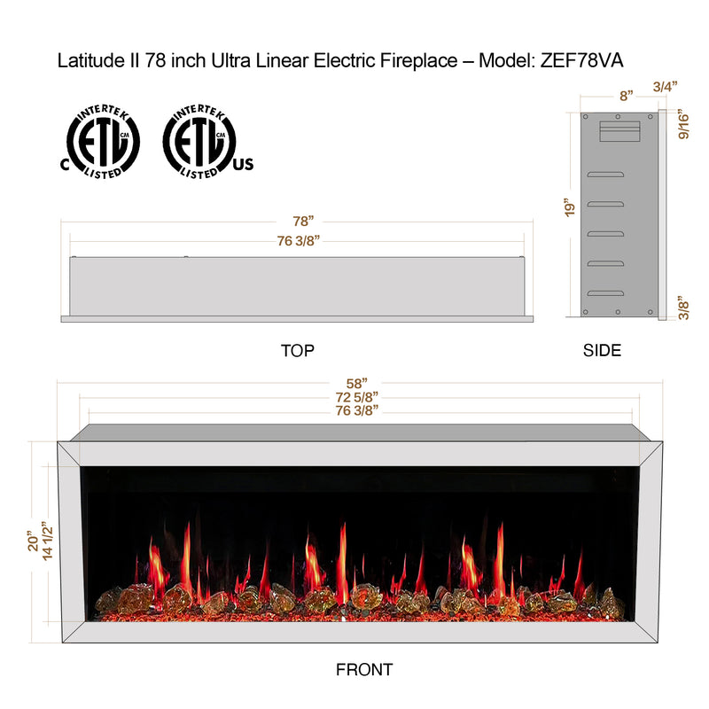 Latitude II 78-in Smart Wall Mount Electric Fireplace + Reflective Fire Glass