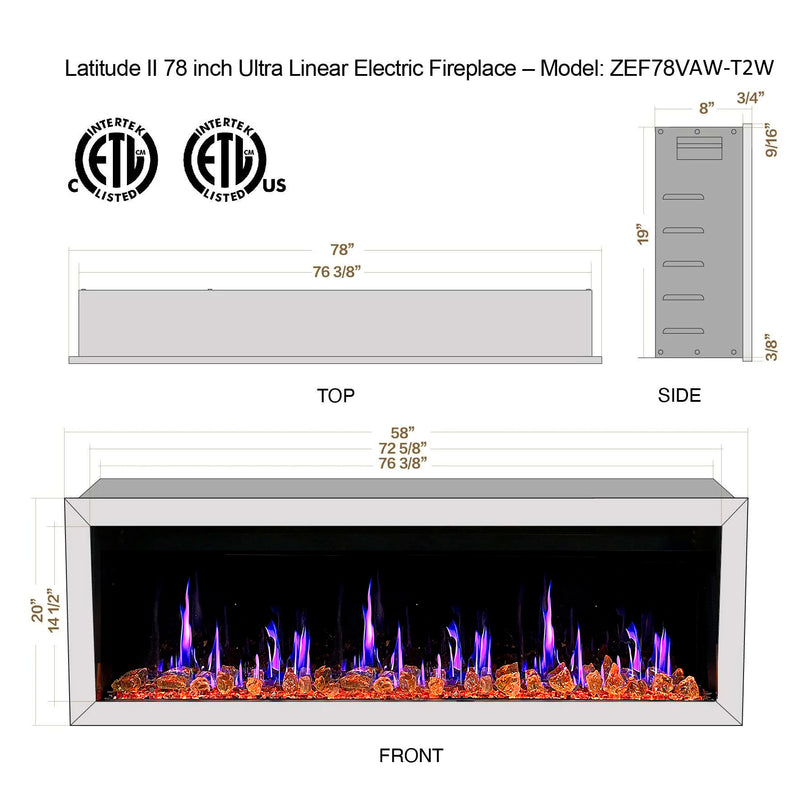 Gloria II 78" Smart Wall Mount Electric Fireplace with Reflective Fire Glass (White)