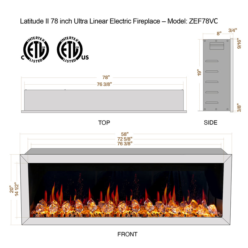Latitude II 78-in Smart Wall Mount Electric Fireplace + Crushed Ice Rocks