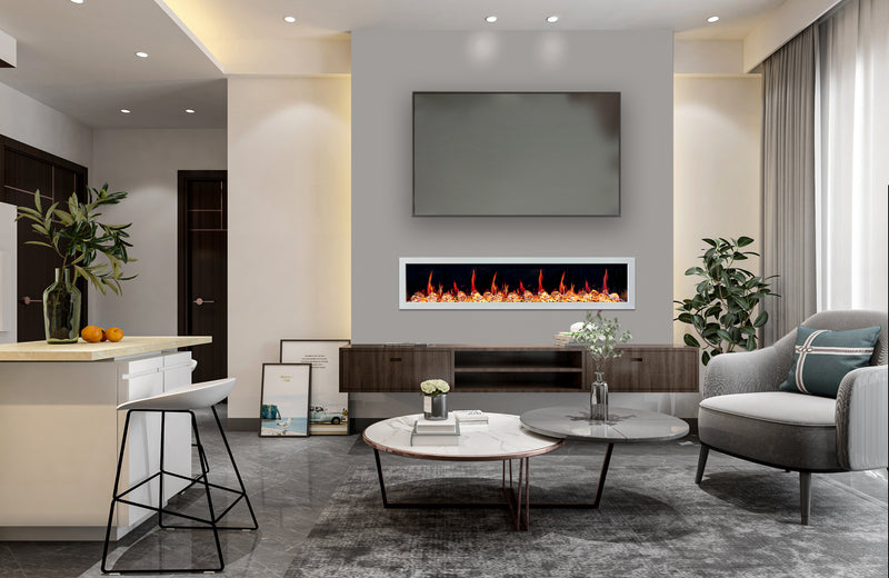 Gloria II 78" Seamless Push-in Electric Fireplace with Crushed Ice Rocks (White)