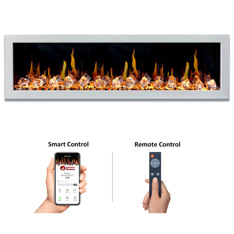Gloria II 78" Seamless Push-in Electric Fireplace with Crushed Ice Rocks (White)