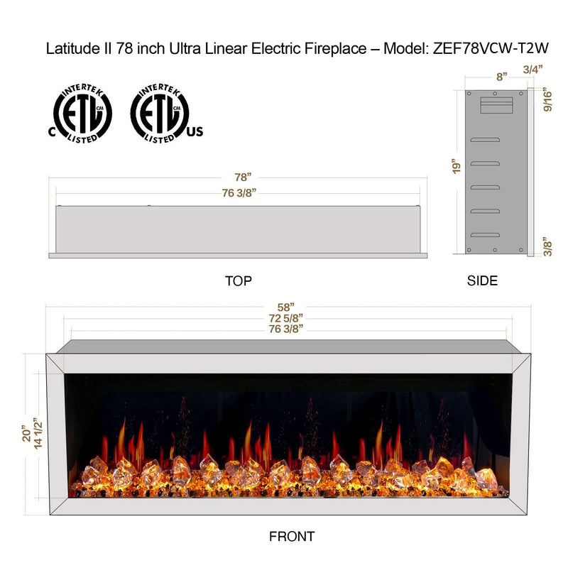 Gloria II 78" Seamless Push-in Electric Fireplace with Crushed Ice Rocks (White)