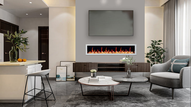 Gloria II 58" Smart Wall Mount Electric Fireplace with Reflective Fire Glass (White)