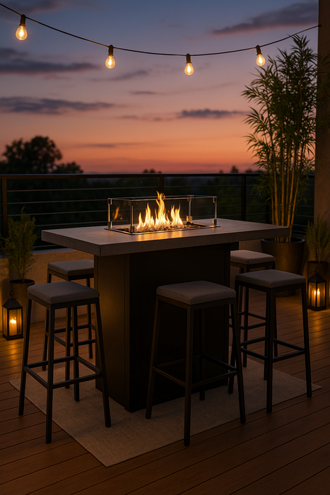 A modern outdoor bar-height fire pit table scene at twilight: tall rectangular fire pit table with matte-black metal base and a polished concrete top, featuring a glass-ringed flame center. Surrounded by four sleek bar-height stools with minimalist metal or wooden frames and cushion pads. The scene is set on a rooftop or patio deck with a scenic twilight sky in the background. Warm string lights hang above, lanterns glow gently around, and potted bamboo or decorative plants accent the corners. Drinks and a 