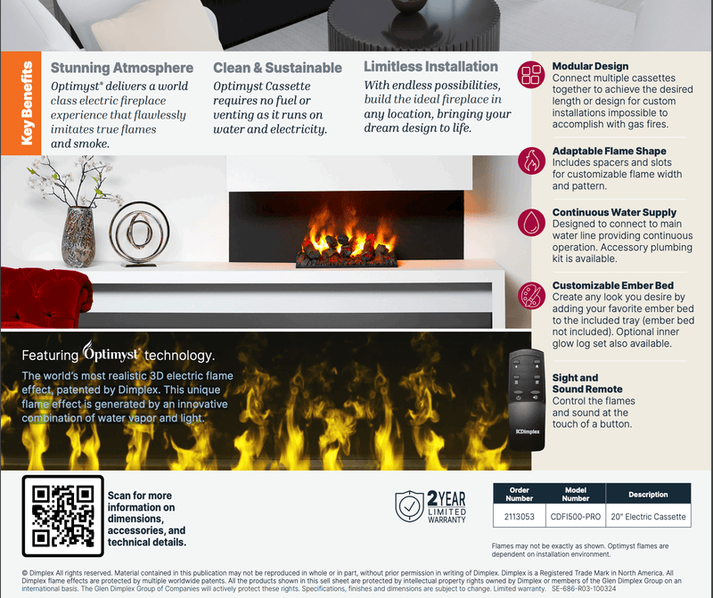 Dimplex Water Vapor Electric Fireplace Dimplex OptiMyst Cassette 20" Built-In Water Vapor Fireplace -  CDFI500-PRO RG