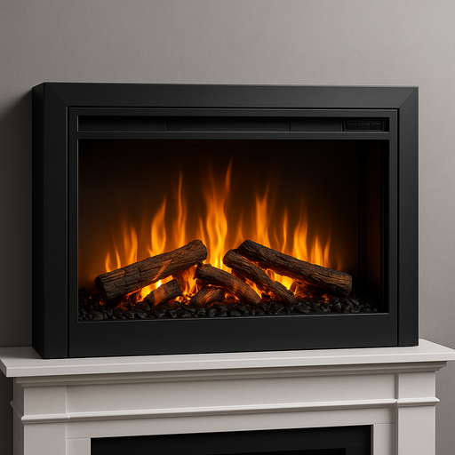 A modern electric fireplace with a matte black frame mounted on a white mantel, featuring glowing ceramic logs and realistic orange-yellow flames set against a dark firebox, with a cool gray wall in the background.