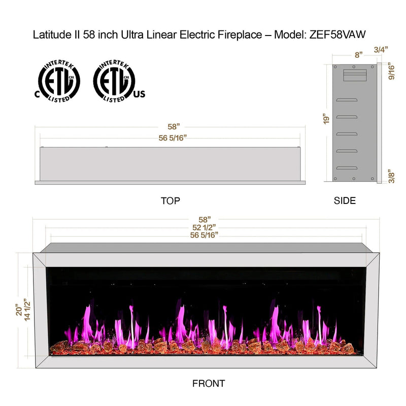 Gloria Electric Fireplace Gloria II 58" Smart Wall Mount Electric Fireplace with Reflective Fire Glass (White)