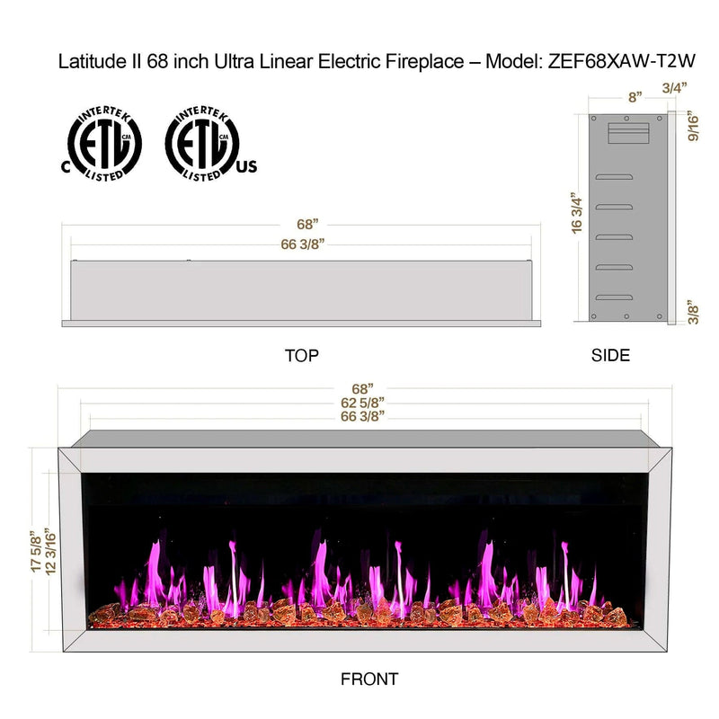 Gloria Electric Fireplace Gloria II 68" Smart Wall Mount Electric Fireplace with Reflective Fire Glass (White)