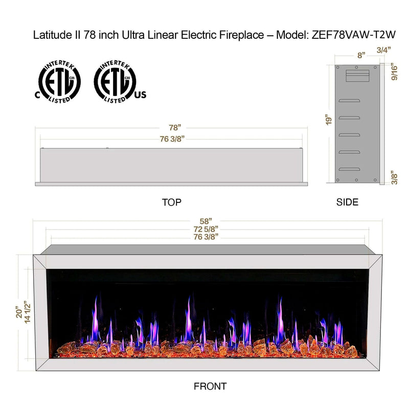 Gloria Electric Fireplace Gloria II 78" Smart Wall Mount Electric Fireplace with Reflective Fire Glass (White)