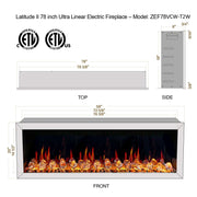 Latitude Electric Fireplace Gloria II 78" Seamless Push-in Electric Fireplace with Crushed Ice Rocks (White)