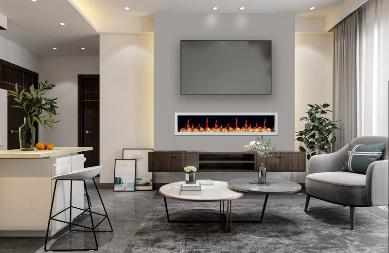 Latitude Electric Fireplace Gloria II 78" Seamless Push-in Electric Fireplace with Crushed Ice Rocks (White)