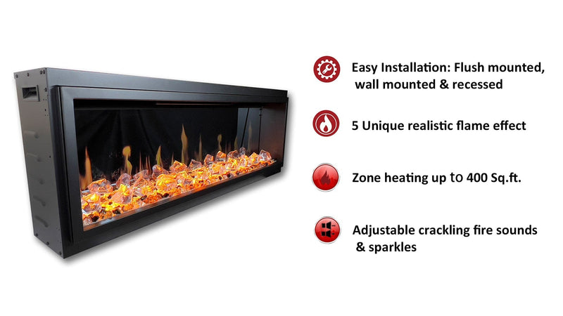 Latitude Electric Fireplace Latitude 65" Ultra Slim Built-in Electric Fireplace + Crushed Ice Rocks