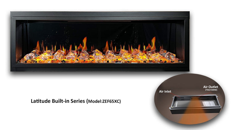 Latitude Electric Fireplace Latitude 65" Ultra Slim Built-in Electric Fireplace + Crushed Ice Rocks