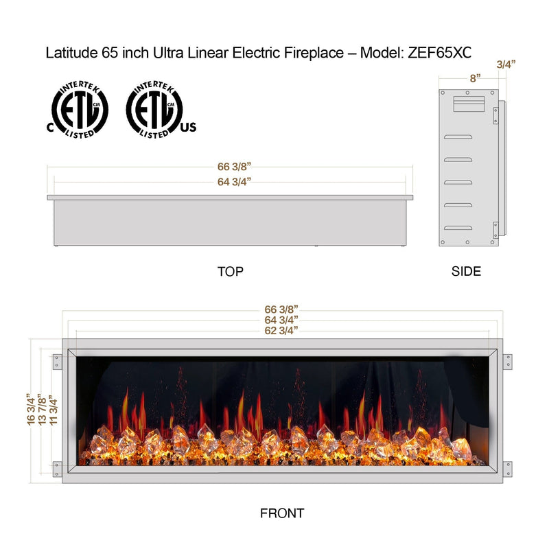 Latitude Electric Fireplace Latitude 65" Ultra Slim Built-in Electric Fireplace + Crushed Ice Rocks