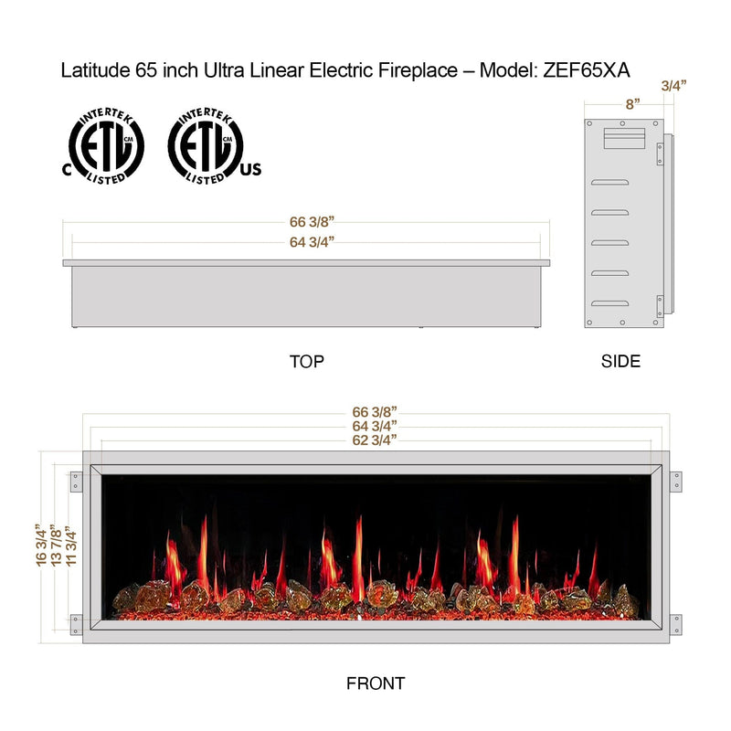 Latitude Electric Fireplace Latitude 65" Ultra Slim Built-in Electric Fireplace + Reflective Fire Glass