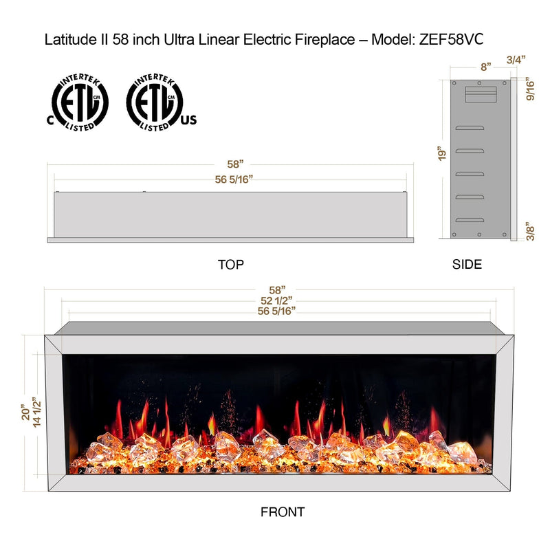 Latitude Electric Fireplace Latitude II 58-in Smart Wall Mount Electric Fireplace + Crushed Ice Rocks