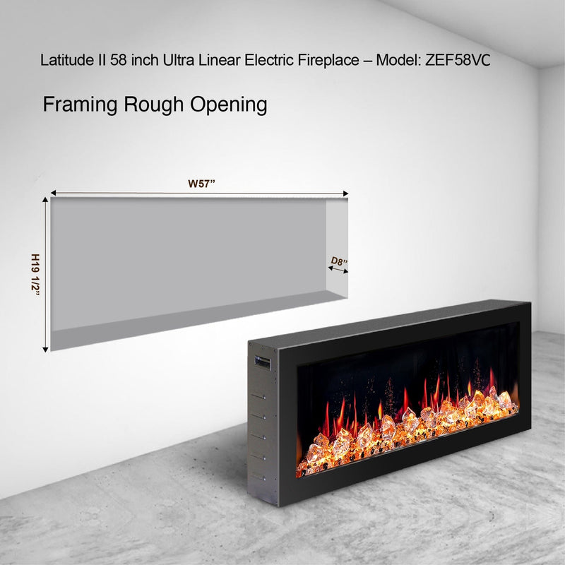 Latitude Electric Fireplace Latitude II 58-in Smart Wall Mount Electric Fireplace + Crushed Ice Rocks