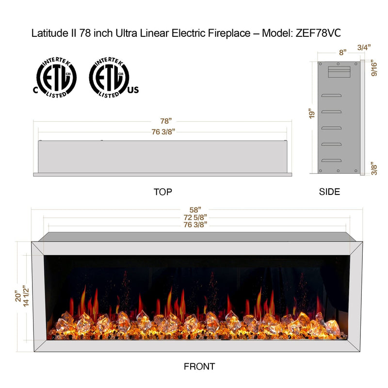 Latitude Electric Fireplace Latitude II 78-in Smart Wall Mount Electric Fireplace + Crushed Ice Rocks