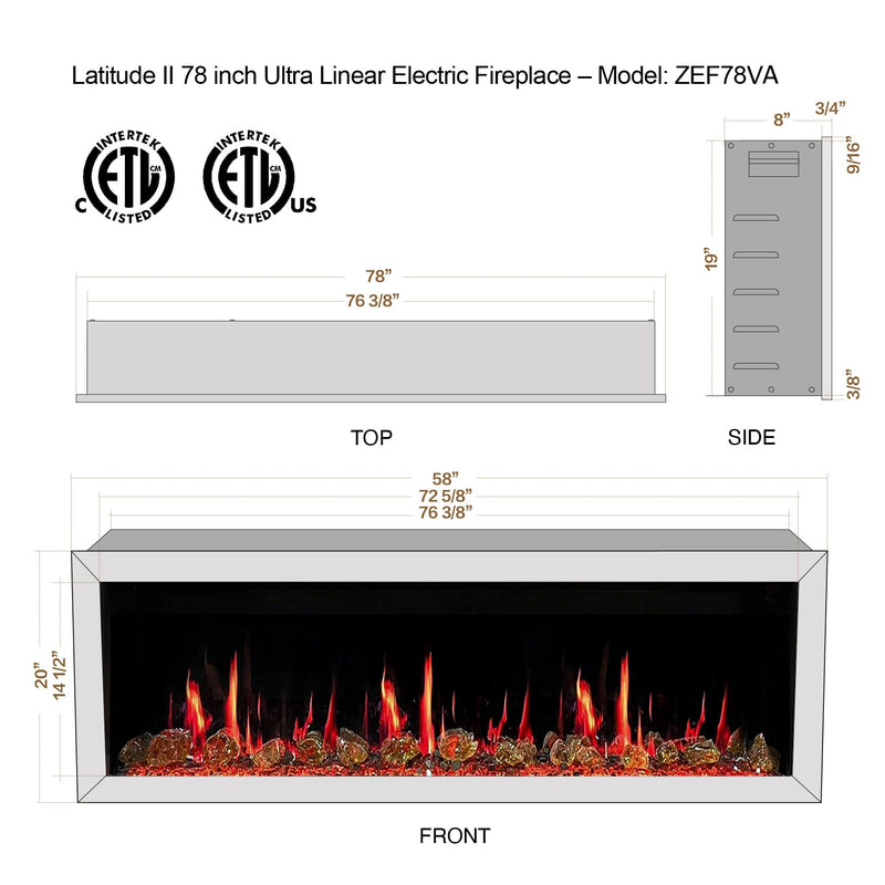 Latitude Electric Fireplace Latitude II 78-in Smart Wall Mount Electric Fireplace + Reflective Fire Glass