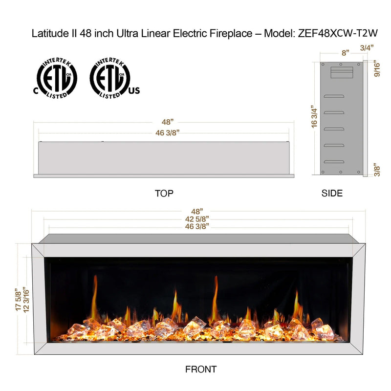Litedeer Homes Electric Fireplace Gloria II 48" Seamless Push-in Electric Fireplace with Crushed Ice Rocks (White)