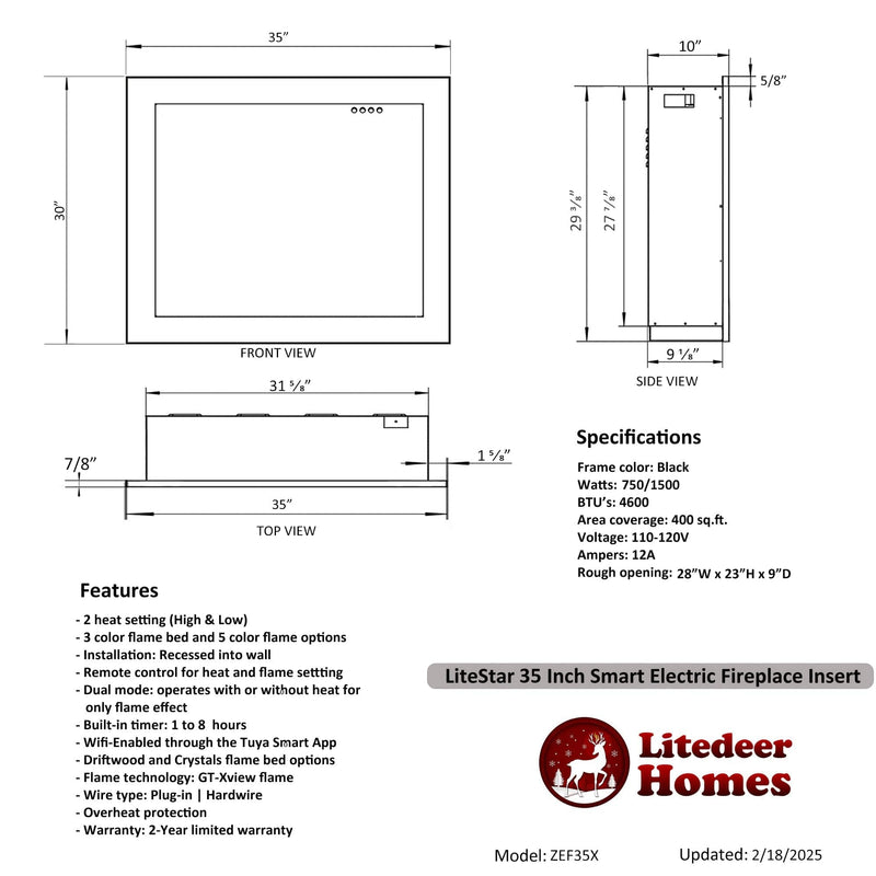 Litedeer Homes Electric Fireplace LiteStar ZEF35X Electric Fireplace – 2025 New Model