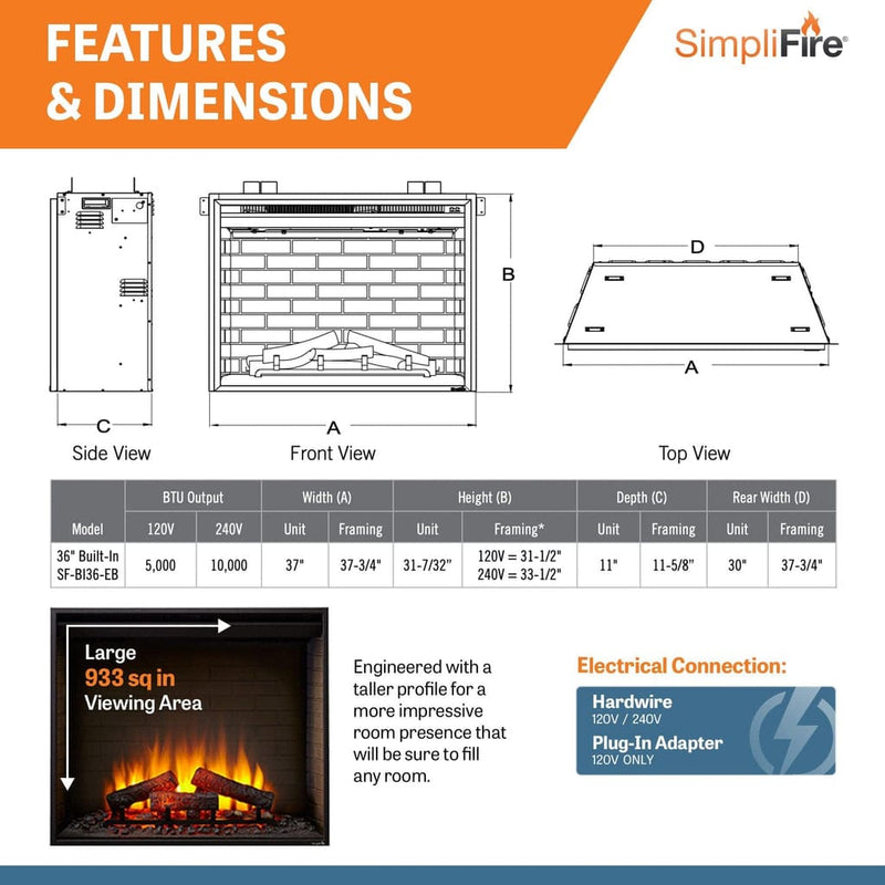 SimpliFire Electric Fireplace SimpliFire Electric Fireplace SF-BI36-EB – Convenient and Realistic | Pure Flame Co