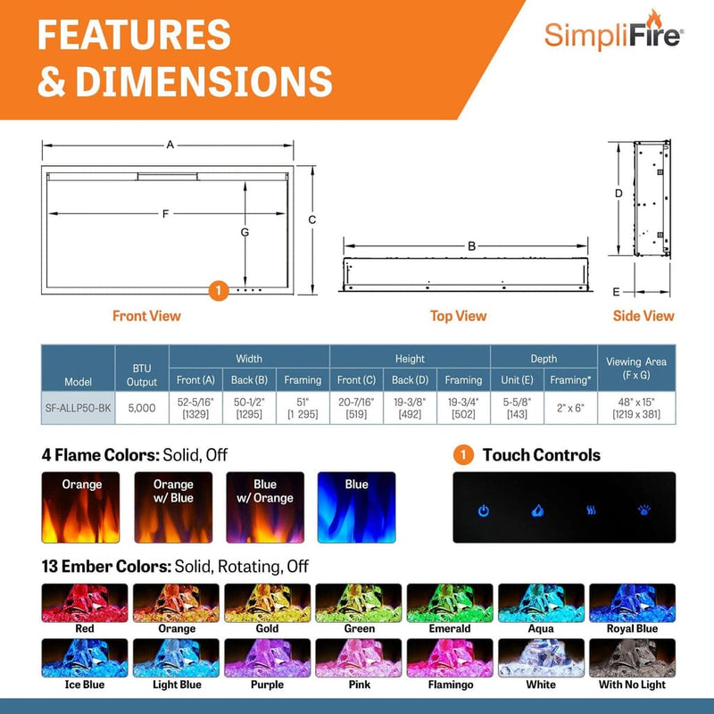 SimpliFire Wall Mount Electric Fireplace SimpliFire Wall Mount Electric Fireplace SF-ALLP50-BK – Vibrant Flames & Supplemental Heat | Pure Flame Co