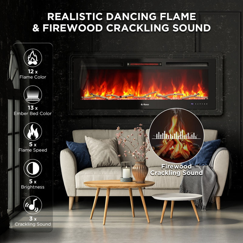 TURBRO Wall Mounted Electric Fireplace In Flames INF50W-3D WiFi Smart Wall Mounted Electric Fireplace - Tempered Glass