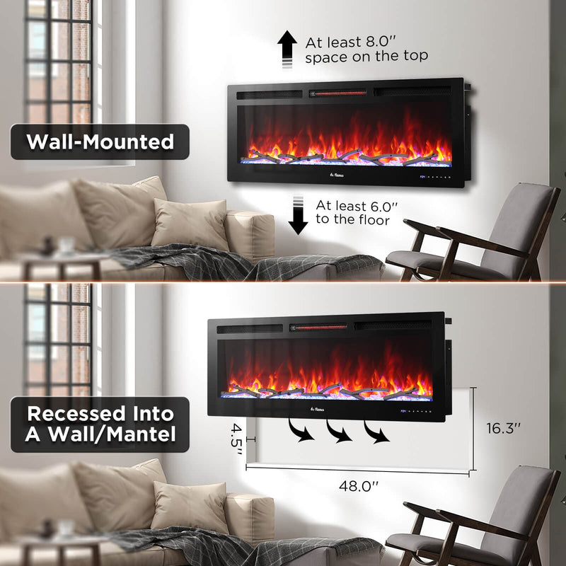 TURBRO Wall Mounted Electric Fireplace In Flames INF50W-3D WiFi Smart Wall Mounted Electric Fireplace - Tempered Glass