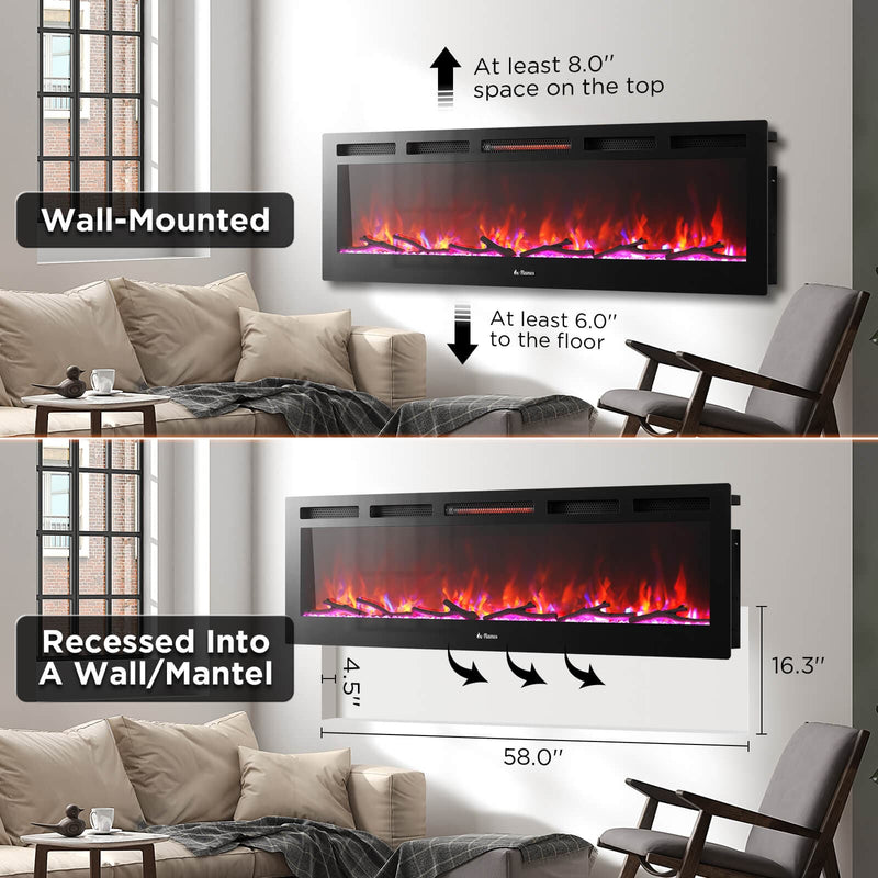 TURBRO Wall Mounted Electric Fireplace In Flames INF60W-3D WiFi Smart Wall Mounted Electric Fireplace - Tempered Glass
