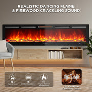 TURBRO Wall Mounted Electric Fireplace In Flames INF72W-3D WiFi Smart Wall Mounted Electric Fireplace - Tempered Glass