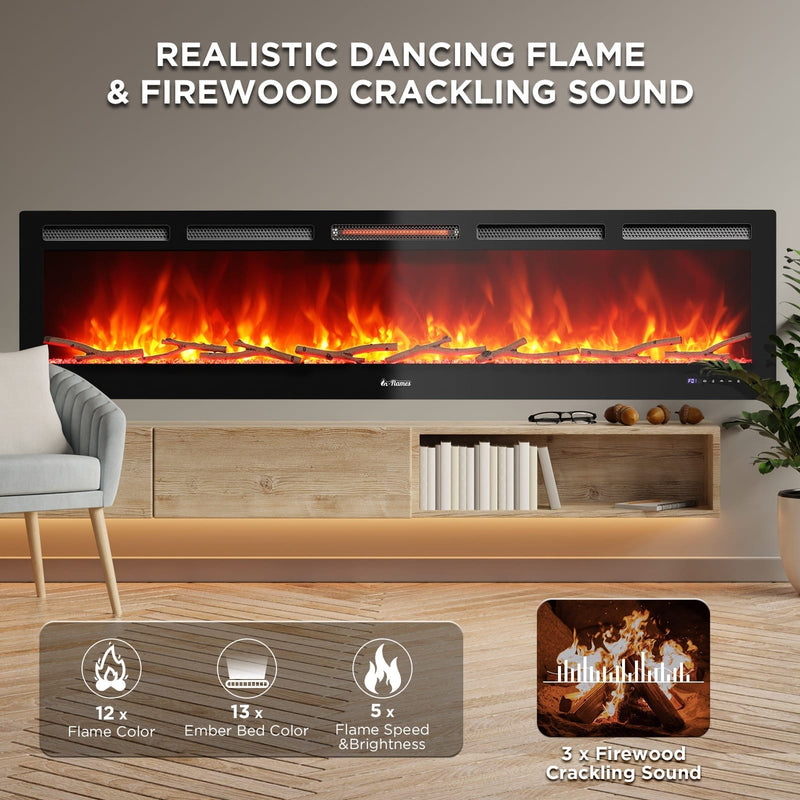 TURBRO Wall Mounted Electric Fireplace In Flames INF88W-3D WiFi Smart Wall Mounted Electric Fireplace - Tempered Glass