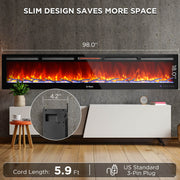 TURBRO Wall Mounted Electric Fireplace In Flames INF98W-3D WiFi Smart Wall Mounted Electric Fireplace - Tempered Glass