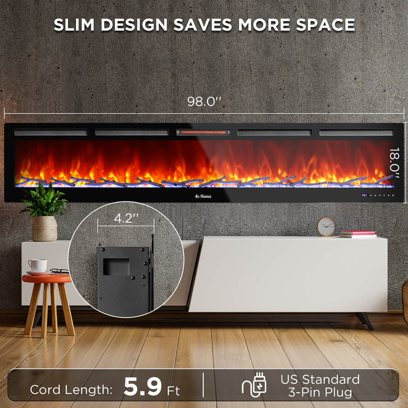 TURBRO Wall Mounted Electric Fireplace In Flames INF98W-3D WiFi Smart Wall Mounted Electric Fireplace - Tempered Glass
