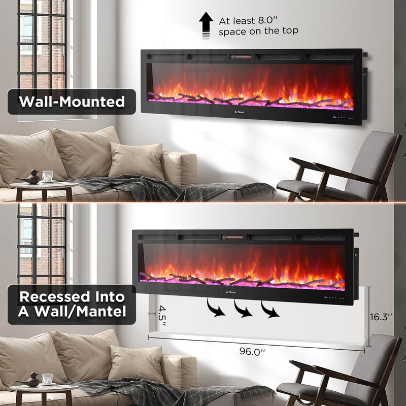 TURBRO Wall Mounted Electric Fireplace In Flames INF98W-3D WiFi Smart Wall Mounted Electric Fireplace - Tempered Glass