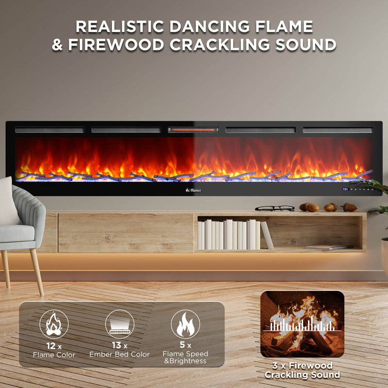 TURBRO Wall Mounted Electric Fireplace In Flames INF98W-3D WiFi Smart Wall Mounted Electric Fireplace - Tempered Glass