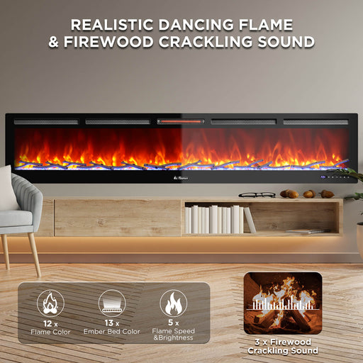 TURBRO Wall Mounted Electric Fireplace In Flames INF98W-3D WiFi Smart Wall Mounted Electric Fireplace - Tempered Glass